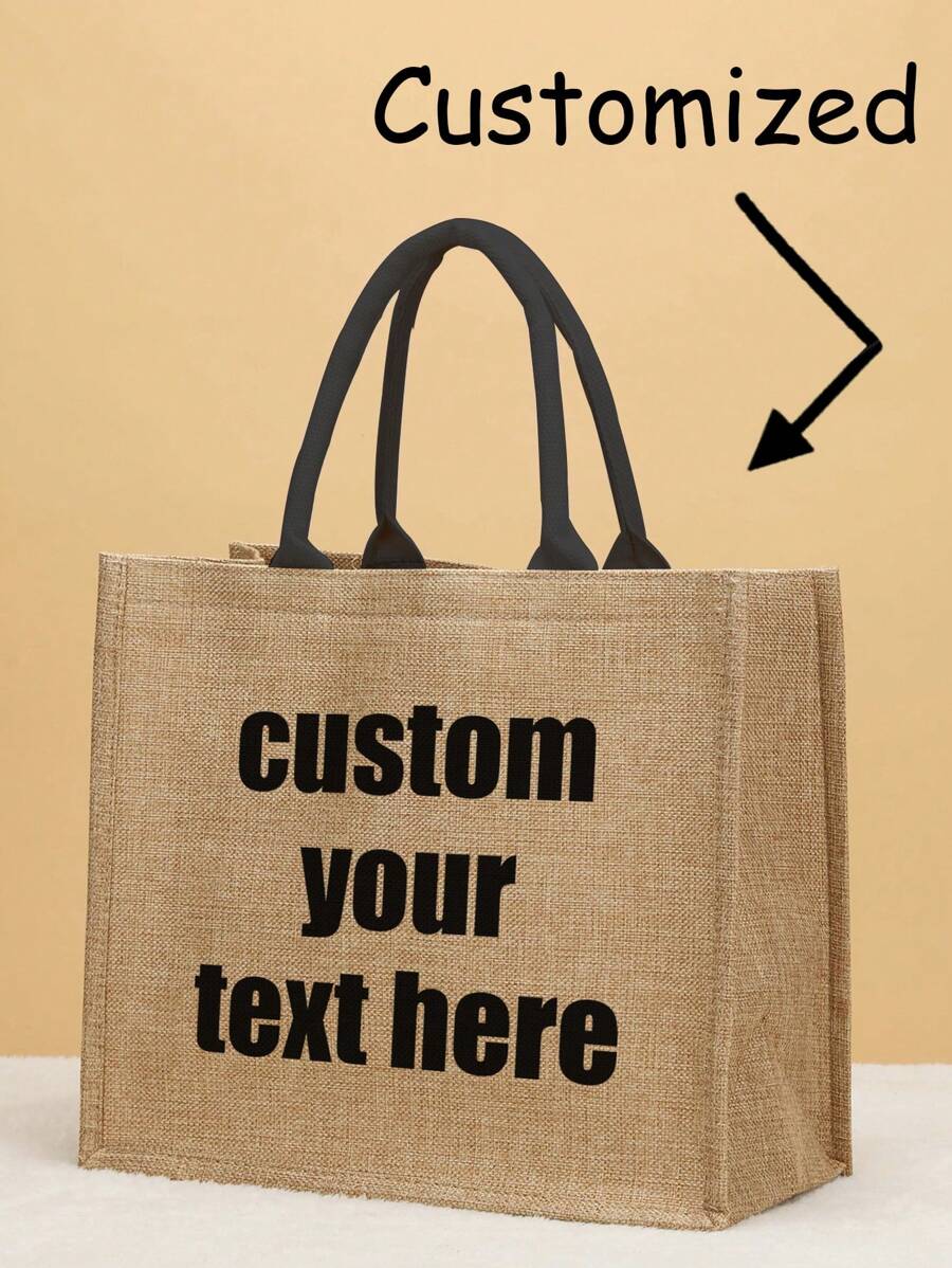 1入組訂製亞麻袋女性手提袋，購物亞麻袋獨特的設計，可折疊，大容量，輕便時尚，個性化手提袋，肩袋，休閒購物袋，收納袋，經典禮物袋，婚禮生日海灘度假個性化定制的手提袋 - 卡其色 - 查看 1