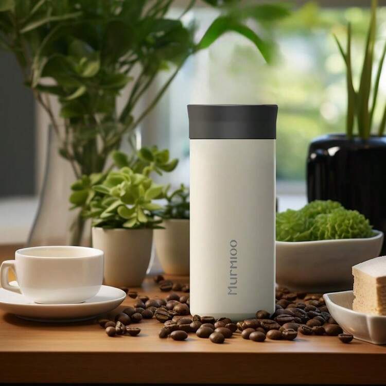 1 pieza Murmioo Taza de café aislada con botón de empuje para llevar, tapa anti-fugas de 360 grados y termo de acero inoxidable al vacío para viajes, termo que se adapta al soporte para automóvil, mantiene las bebidas calientes o frías durante horas, 12oz - Blanco - Añade 6