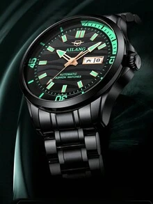 1入時尚大表盤防水黑色不鏽鋼男士自動機械錶，夜光，適合日常佩戴和送禮