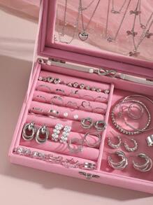 3pcs/53pcs/Set Fashionable Women Jewelry Set With Heart, Butterfly, Star, Moon, Rhinestone, Eight-Character Knot, Wave-Shaped, Tassel Pendant Designs. Including Chains, Bracelet, Necklace, Earrings And Rings. Perfect For Holiday Party, Date And Daily Wear. Valentines - Silver - View 2