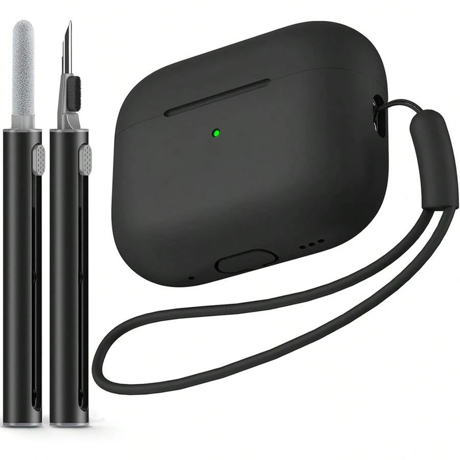 1pc Set Compatible With AirPods Pro 2 Solid Color Silicone Thick Anti-Drop One-Piece Earphone Case Soft Shell With Anti-Loss Lanyard And Cleaning Pen - Black - View 1