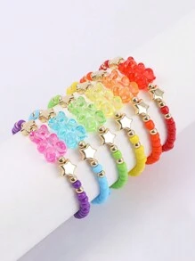 Juego de 6 pulseras de cuentas en colores del arcoíris para niñas con un lindo dije transparente de osito de peluche - Multicolor - Ver 1