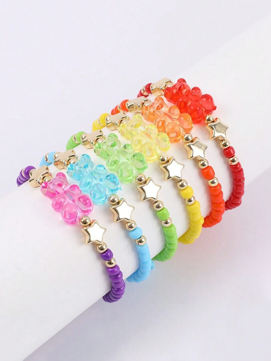 Juego de 6 pulseras de cuentas en colores del arcoíris para niñas con un lindo dije transparente de osito de peluche - Multicolor - Ver 1