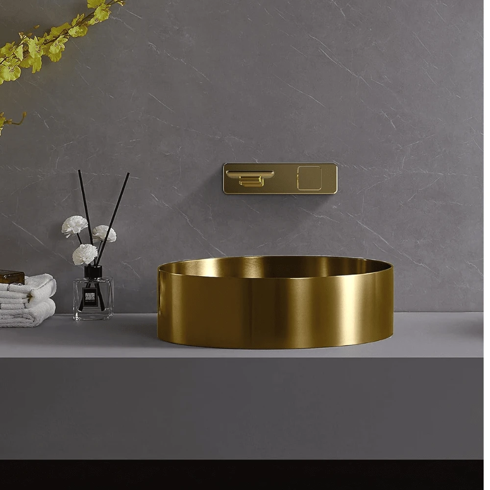 1套浴室水槽，配有排水口，直徑15.8寸，高度4.3寸，304不銹鋼盆，彈出式排水塞，檯面盆浴室水槽，適用於浴室、旅館、梳妝台，PVD珍珠鍍膜圓形盆式浴室水槽