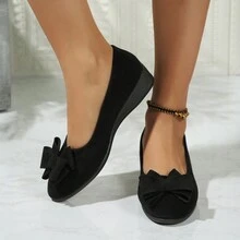 Zapatos planos para mujer decorados con moño, zapatos de tacón cuña cómodos para mujer - Negro - Ver 2
