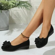 Zapatos planos para mujer decorados con moño, zapatos de tacón cuña cómodos para mujer - Negro - Ver 3