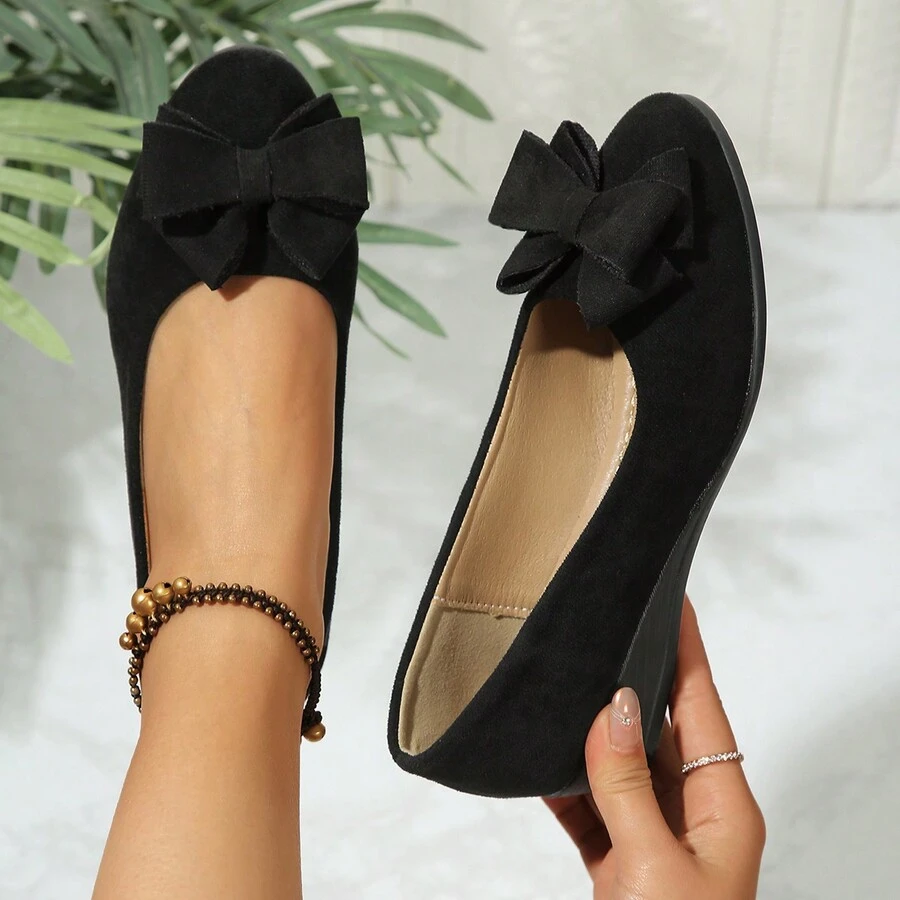 Zapatos planos para mujer decorados con moño, zapatos de tacón cuña cómodos para mujer - Negro - Ver 1