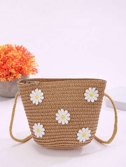 Mini Straw Bag Flower Decor Vacation With Zipper