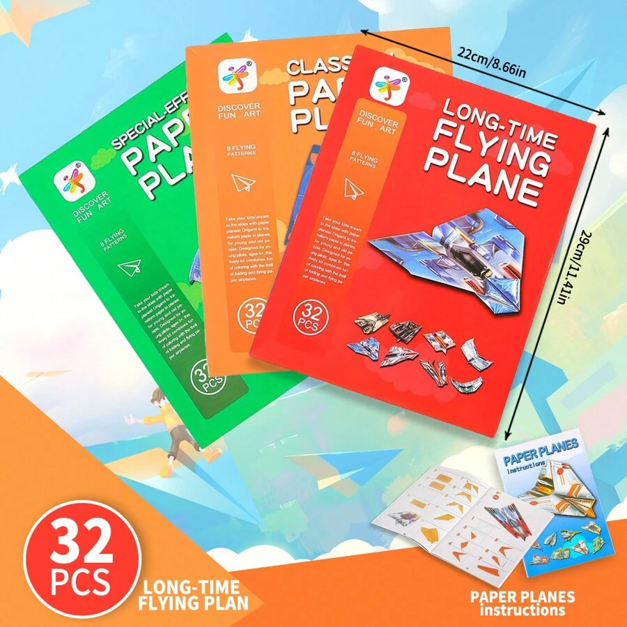 1 Box Of 32 Sheets Double-Sided Color Printed Foldable DIY Origami With Fold Lines, Comes With A Paper Airplane Tutorial Booklet, Promotes Children's Hands-On Ability, Suitable For Office, School, Drawing, Students, Markers, Stationery, Boys, Girls And School Supplies - Paper Plane - View 1