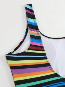 Cross-Border Exclusive Women Plus Size Striped European & American High Elasticity Backless Swimsuit Sexy One Piece Swimwear Summer - Black - View 7