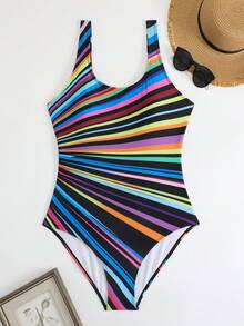 Cross-Border Exclusive Women Plus Size Striped European & American High Elasticity Backless Swimsuit Sexy One Piece Swimwear Summer - Black - View 3