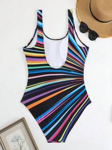 Cross-Border Exclusive Women Plus Size Striped European & American High Elasticity Backless Swimsuit Sexy One Piece Swimwear Summer - Black - View 4