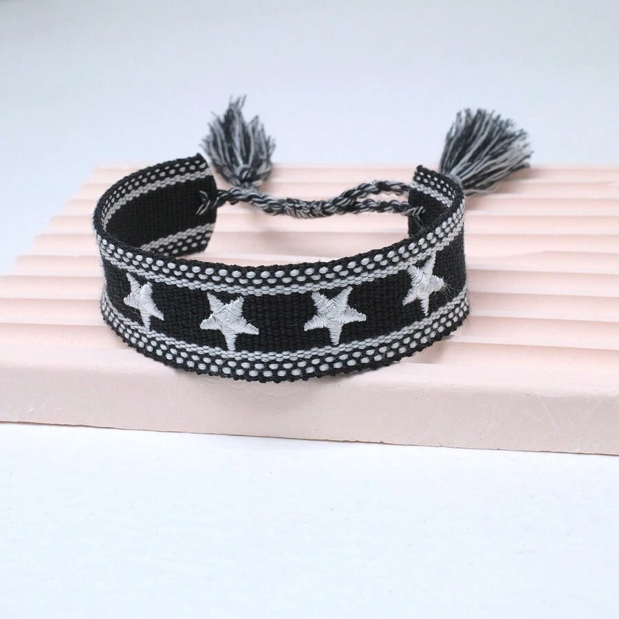 1pc Embroidered Five-Pointed Star Handmade Braided Bracelet - Black - View 1