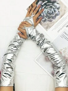 1pair Elbow Length Coated Leather Dress Gloves, Suitable For Stage Performance, Concert, Reflective Gloves For Birthday Party, Festival And Other Adult Accessories Halloween