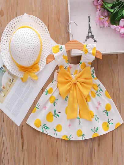 2pcs/Set New Summer Baby Girls' Printed Cap Sleeve Dress With Bowknot Princess Dress And Hat