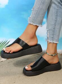女士夏季時尚高跟楔形鞋底涼鞋，休閒/度假防水沙灘拖鞋，黑色日常戶外穿著