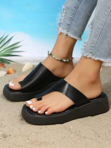 女士夏季時尚高跟楔形鞋底涼鞋，休閒/度假防水沙灘拖鞋，黑色日常戶外穿著