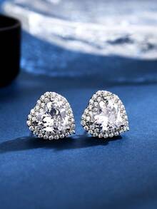 1入精品豪華全鑲鑽多彩心形立體方鑽耳針，適合女性日常、通勤、派對、節慶佩戴，情人節禮物 - 愛心耳環 - 查看 3