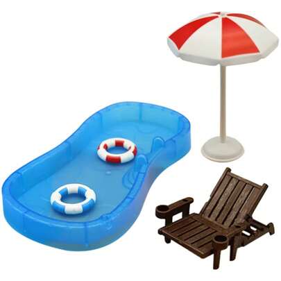 5pcs/Set Miniature Swimming Pool Plastic Mini Pool Beach Chair Model Doll House Furniture Fairy Garden Swimming Ring Beach Umbrella Ocean Cake Toppers Summer Prop,Dolls Furniture,Doll House Miniatures,Miniature Pool