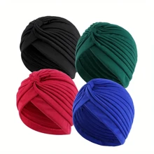 4pcs/Set Solid Color Turban Cap Elastic Bonnet Head Scarf Women Chemo Hats Casual Pleated Head Wrap,Summer,Beach - Multicolor - View 7