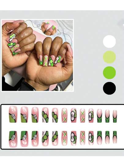緑色のカートゥーングラフィティパターンのネイルステッカー24枚セット、簡単で便利、春と夏の屋外活動に適しています。