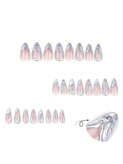 ネイル変更：フレンチ3DシルバーY2Kアーモンドネイル+ジェリーグルー1シート+ネイルファイル1枚-女の子への贈り物として適したネイルアート装飾品1個