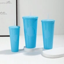 1 Set Of 3pcs High-Capacity Diamond-Shaped Plastic Cups With Solid Color Durian-Shaped Straws, Multifunctional Drinking Cup - Multicolor - View 7