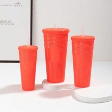 1 Set Of 3pcs High-Capacity Diamond-Shaped Plastic Cups With Solid Color Durian-Shaped Straws, Multifunctional Drinking Cup - Multicolor - View 4