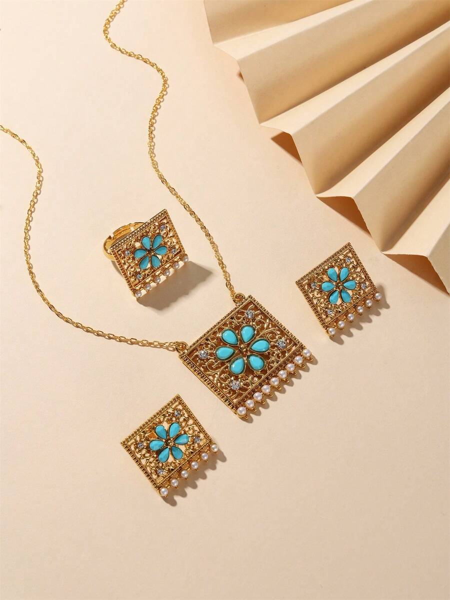 1set Simple Copper Alloy GoldPlated Faux Pearl & Rhinestone Inlaid