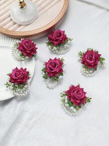 6 件装玫瑰花束，带满天星，适合新娘、伴娘、母亲、婆婆，饰有人造珍珠串珠链和腕带，非常适合婚礼、周年纪念、舞会和其他特殊场合情人节情人节