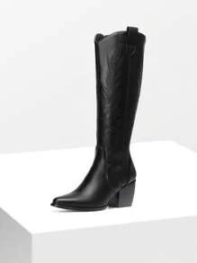 Western Embroidered Knee High Boots For Women, Pull On Zipper Chunky Heel Comfortable Pointed Toe  Wide Calf Cowgirl Cowboy Boots - màu đen - Xem 4