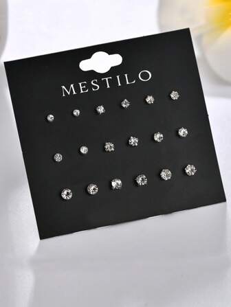 MESTILO 9pairs/Set Delicate Copper Zirconia Decor Small Round Ball Stud Earrings, Suitable For Women's Daily Wear