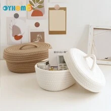 OYHOMO 1pc Rope Woven Storage Basket With Lid, Organizing Toy Snack Small Tidy Basket Bedroom Gifts Empty Shelves Basket Closet Organizer Dresser Decor Makeup Jewelry Keys Storage Box Container - Khaki - View 6