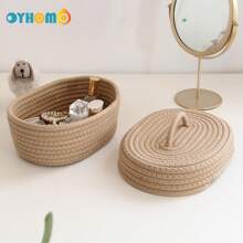 OYHOMO 1pc Rope Woven Storage Basket With Lid, Organizing Toy Snack Small Tidy Basket Bedroom Gifts Empty Shelves Basket Closet Organizer Dresser Decor Makeup Jewelry Keys Storage Box Container - Khaki - View 2