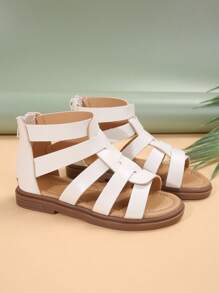 1 Pair Kids Coffee Color Classic Striped Woven Hollow PU Bow Design Flat Comfy Roman Sandals, Suitable For Summer Festivals - White - View 4