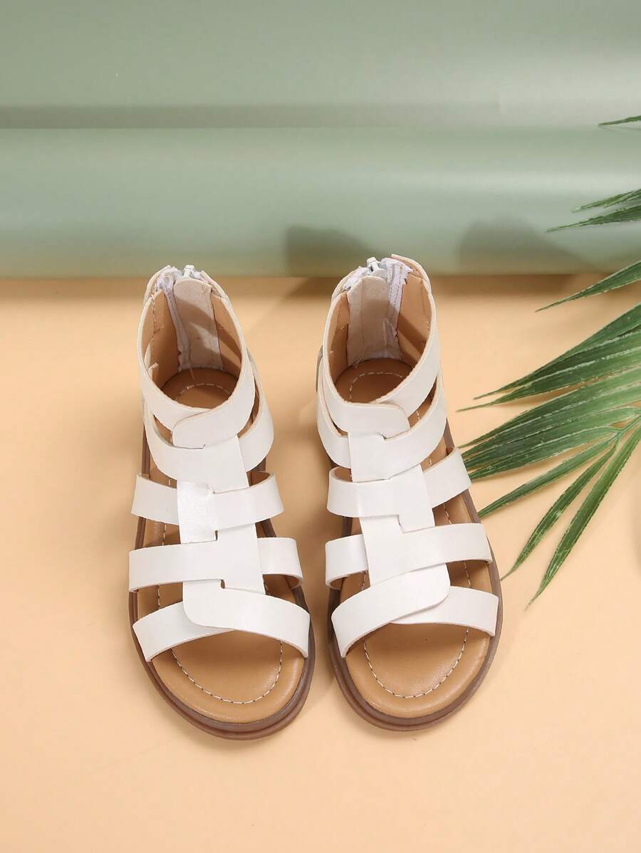 1 Pair Kids Coffee Color Classic Striped Woven Hollow PU Bow Design Flat Comfy Roman Sandals, Suitable For Summer Festivals - White - View 1