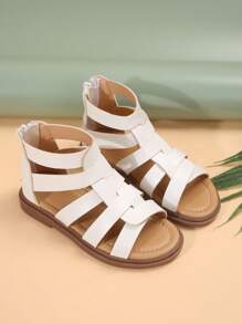 1 Pair Kids Coffee Color Classic Striped Woven Hollow PU Bow Design Flat Comfy Roman Sandals, Suitable For Summer Festivals - White - View 2