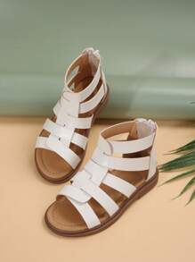 1 Pair Kids Coffee Color Classic Striped Woven Hollow PU Bow Design Flat Comfy Roman Sandals, Suitable For Summer Festivals - White - View 3