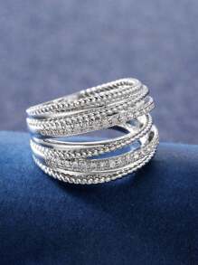 1 pieza Anillo exquisito de micro pavé de circonita cúbica, creativo anillo de dedo cruzado para mujeres, anillo hueco envuelto de línea geométrica