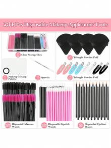 一次性化妆刷套装，含三角粉扑混合调色盘、一次性睫毛膏刷、唇刷、发夹、散粉流苏（带收纳盒）、化妆刷套装、化妆刷套装、化妆刷套装、完整化妆套装、化妆刷套装、完整化妆套装、化妆刷套装、化妆刷套装、化妆礼品套装 - 彩色 - 查看 2