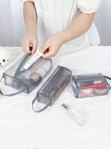 3-delige make-uptas waszak, gaas waterdichte reismake-uptas make-uptas, waszak met handvat schoonheidstas huidverzorging lippenstift opbergtas potlood balpen handtas, reisopbergtas transparante badzwemtas gaas ademend driedelige set voor het opbergen van cosmetica en reizen Accessoires - Grijs - Bekijken 1