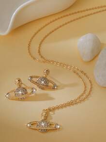 2pcs Valentine's Day Fashionable Crystallized Floral & Skull Planet Pendant Necklace & Earring Set, Elegant & Charming For Women - Multicolor - View 4