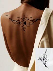 1 Peça tatuagem temporária de flores em 3D para arte corporal no desenho para a cintura e costas femininas, tatuagens falsas de borboleta negra e flor - Preto - Visão 1