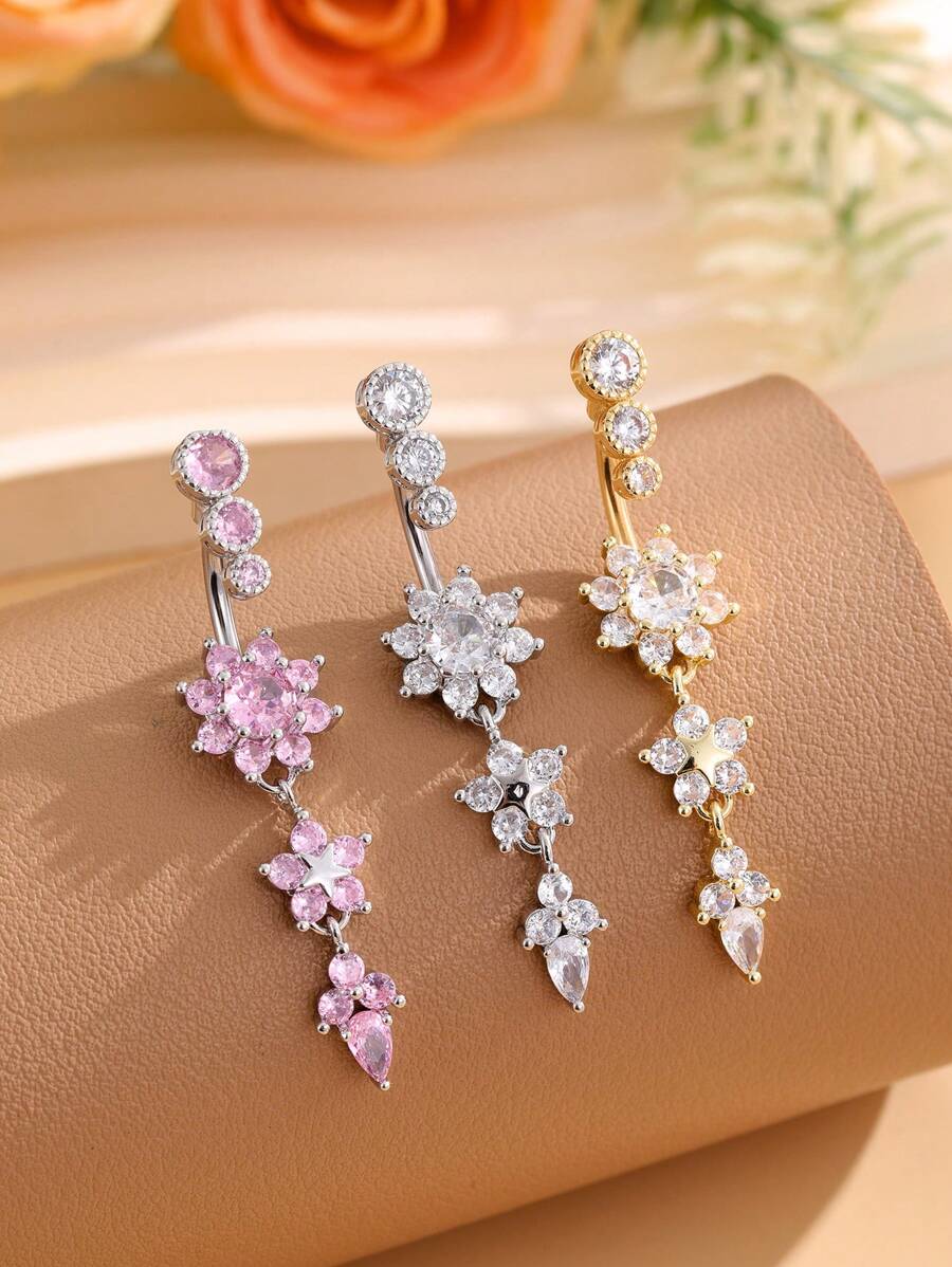 1 Chiếc Nhẫn Rốn Bằng Thép Không Gỉ Với Ngôi Sao Năm Cánh Và Ba Phần Được Khảm 21 Cubic Zirconia Cho Nữ, Trang Sức Khuyên Rốn Gợi Cảm Y2K Đeo Hàng Ngày - hoa ngôi sao năm cánh - Xem 1