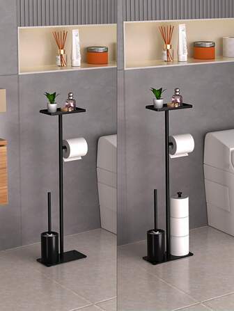 1pc Floor Tissue Holder With Toilet Brush, Moisture-Proof Toilet Paper Storage Rack, Vertical Integrated Storage Rack, Bathroom Accessories, Storage And Organization Bathroom Decor Fall Decor