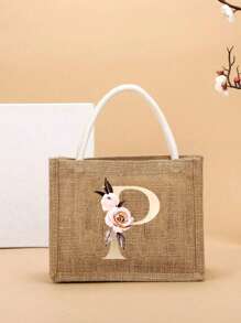 Pendlertasche Handtasche Leinentasche farblicher Kontrast tragbar für Festivals, Schule, Geschenktüte, Einkaufstasche, Handtasche für Frauen, Mode Jutegewebe Einkaufstasche mit modischem Buchstaben- und Blumenmuster aus Leinenmaterial für College-Studenten, Büroarbeiter, Damen, Lehrer, Valentinstag-Geschenk für Paar, beste Geschenke für Lehrer, Dankeschön-Geschenk für Lehrer - Khaki - Übersicht 7