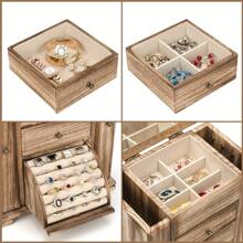 1pc Jewelry Box For Women, Rustic Wooden Jewelry Boxes & Organizers With Mirror, 4 Layer Jewelry Organizer Box Display For Rings Earrings Necklaces Bracelets - Multicolor - View 5