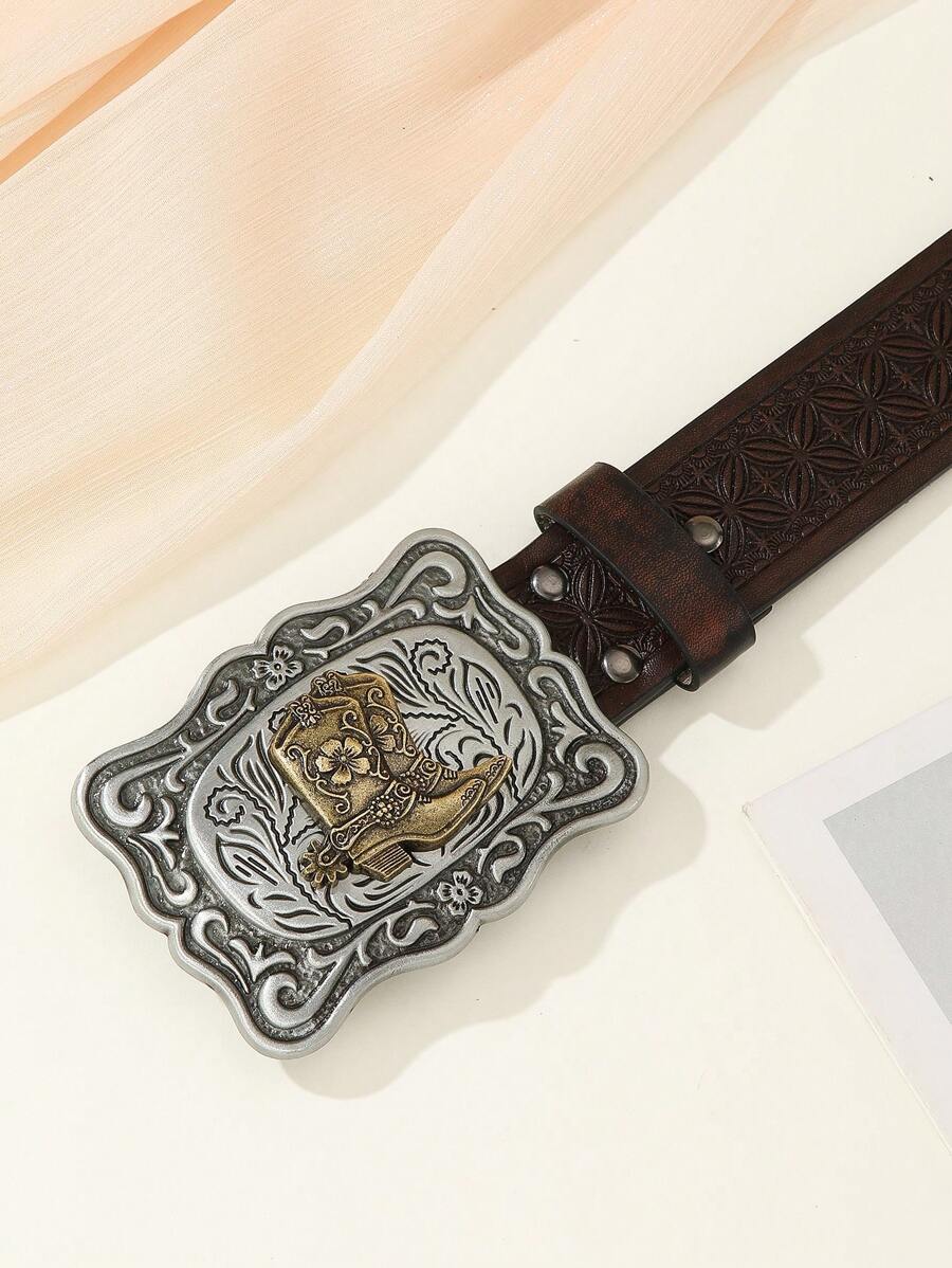 西式牛皮十字綁帶，適用於跨境電商，年輕、搖滾風格，是由PU材質製成並有大扣頭皮革花紋男士腰帶 - 棕色 - 查看 1