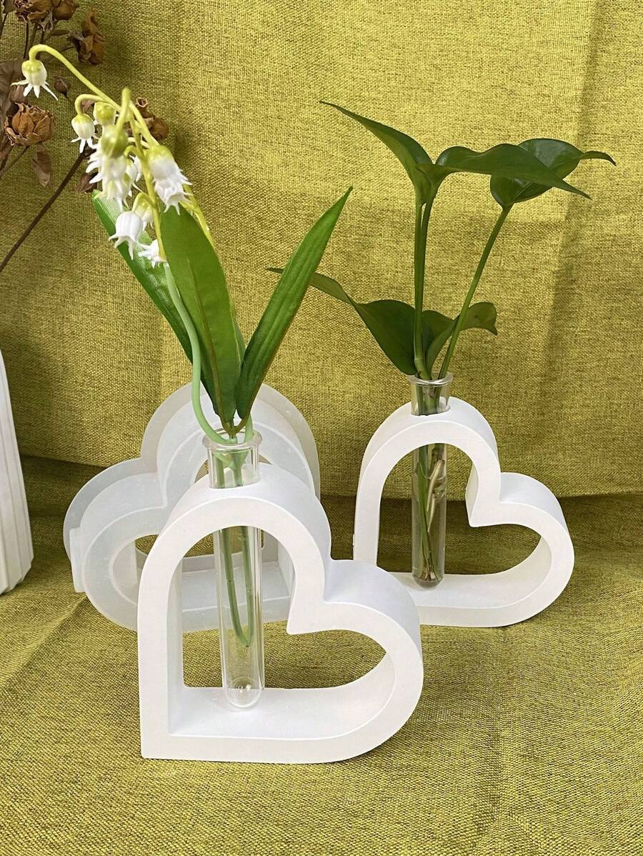 3 件装空心心形硅胶模具（带 2 个试管）水培花盆水泥石膏模具 DIY 北欧风格花瓶树脂模具家居装饰