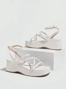 Giày sandal nữ quai da, quai ngang, mũi hở, gót chunky, thiết kế hở mũi, khóa cài, đế xuồng, thích hợp cho mùa hè, kỳ nghỉ, đi học, dạo phố, đa năng, màu trắng. - trắng - Xem 4